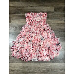 White House Black Market Dress Size 00 Strapless Ruffle Floral Pink Red